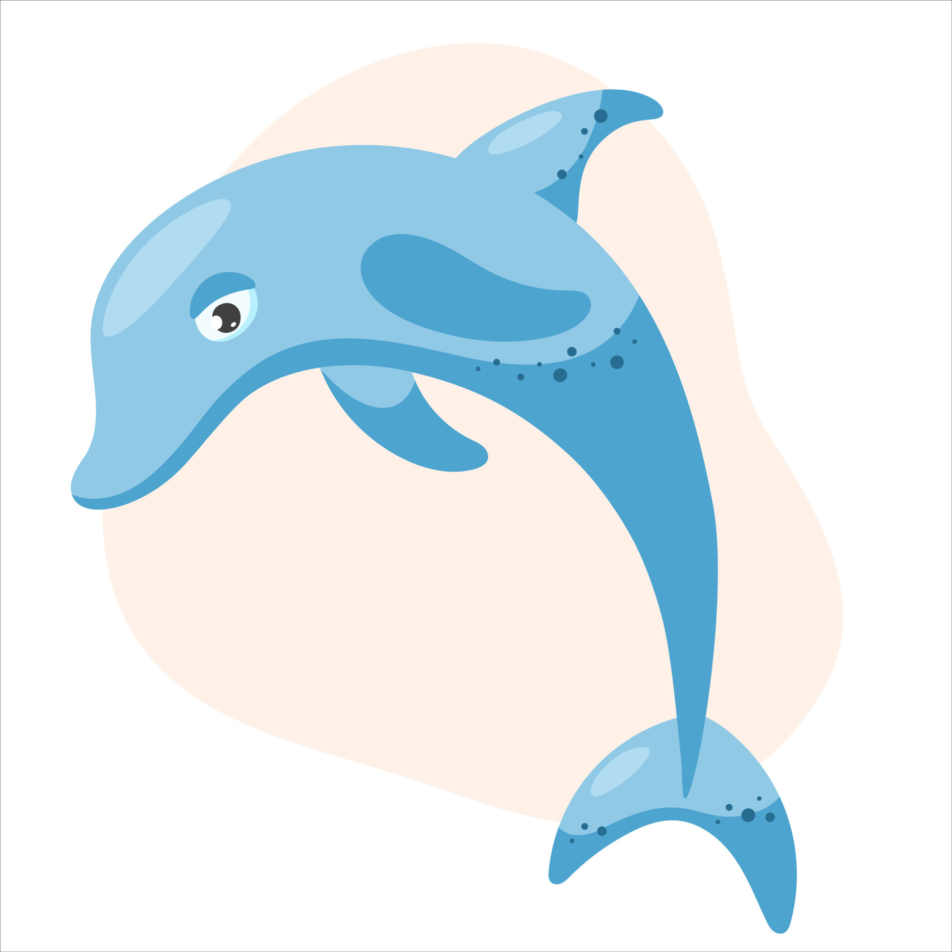 Cute blue dolphin on light pink background. Flat cartoon vector