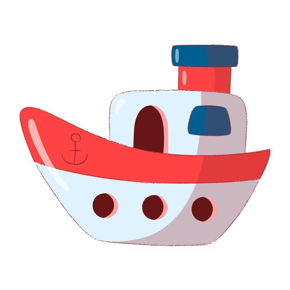 Blue cartoon ship. Cartoon water transport design. Flat vector illustration isolated on white background.
