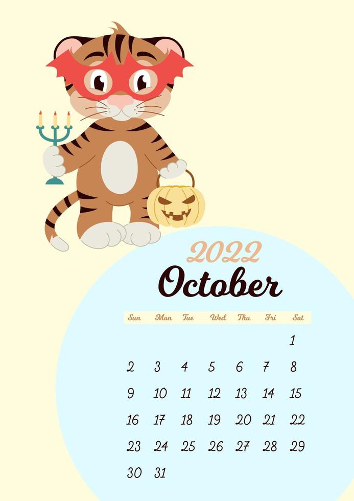 Wall calendar template for October 2022. Year of the tiger to the Eastern Chinese calendar. Cute character in flat design. vector