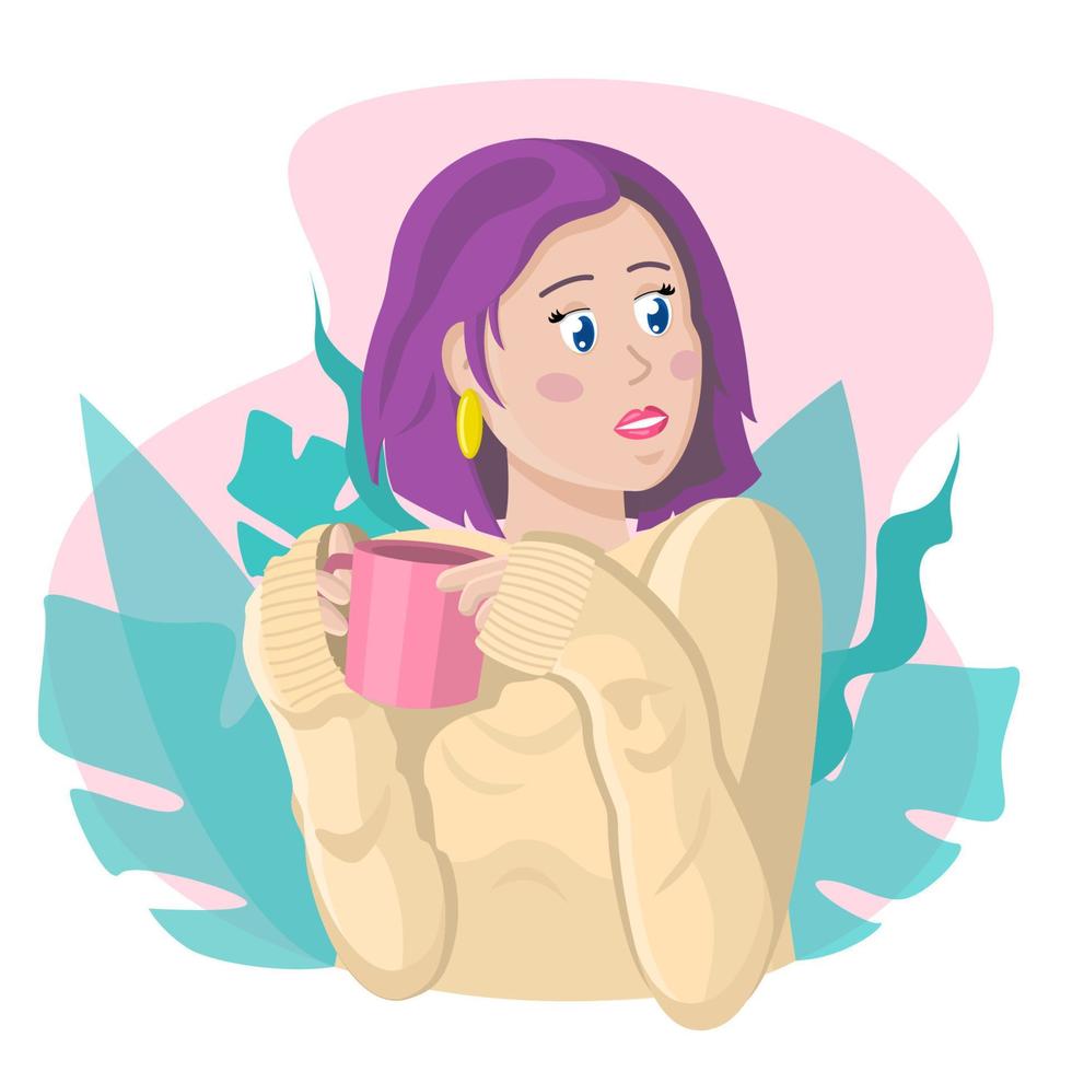 retrato hermosa mujer sosteniendo una taza con bebida. ilustración vectorial de fondo. personaje femenino plano con cabello morado. vector