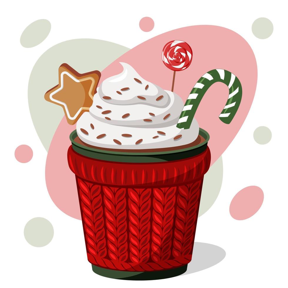 Christmas Hot chocolate with cream, candy cane, lolipop and cookie. Flat vector illustrations.