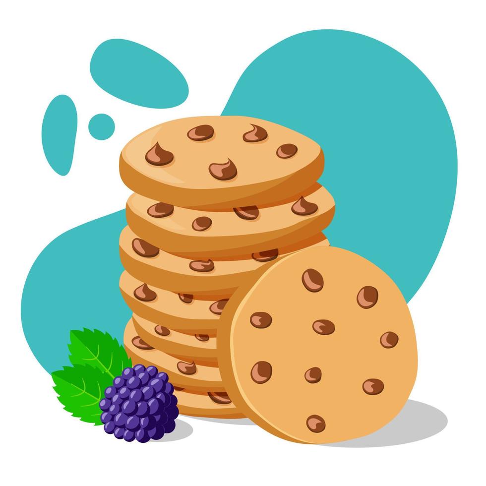 Sweet cookies with chocolate on blue background. Flat vector design. Vector illustration.