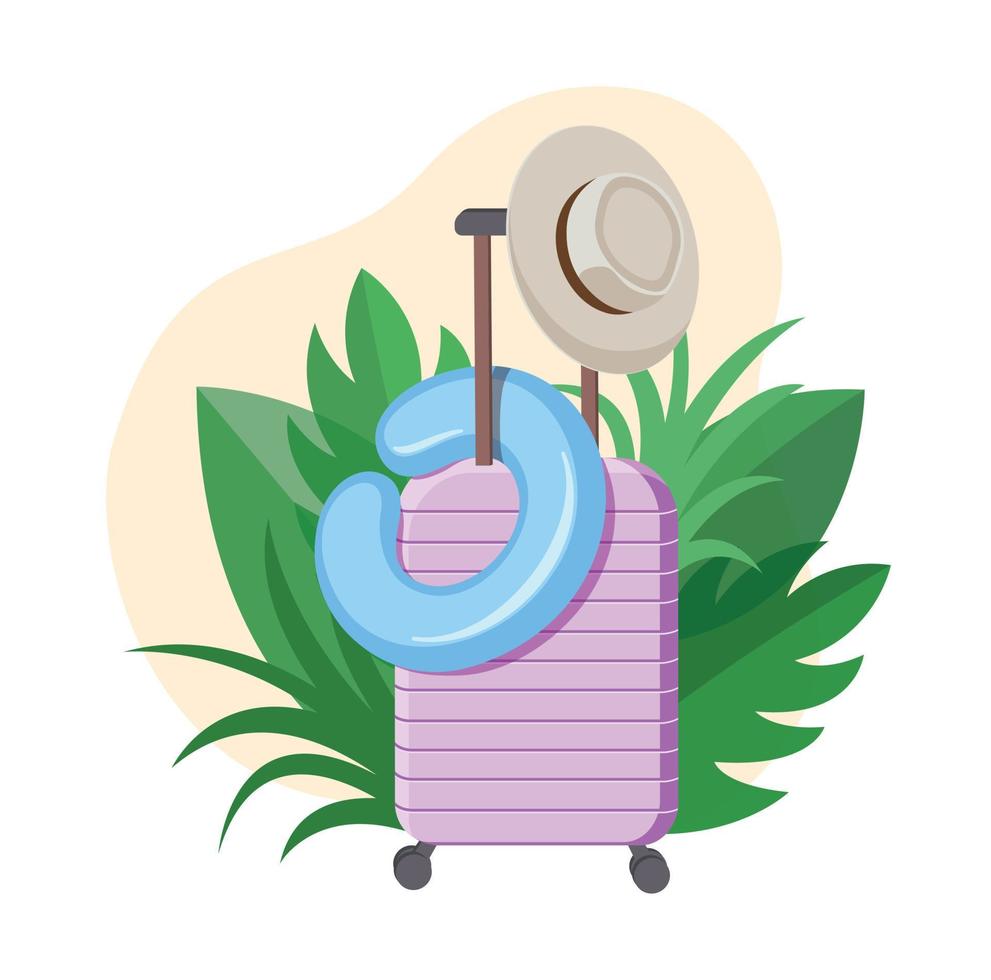 Suitcase with summer hat and inflatable ring on a white background. Vector illustration of travel concept in flat style.