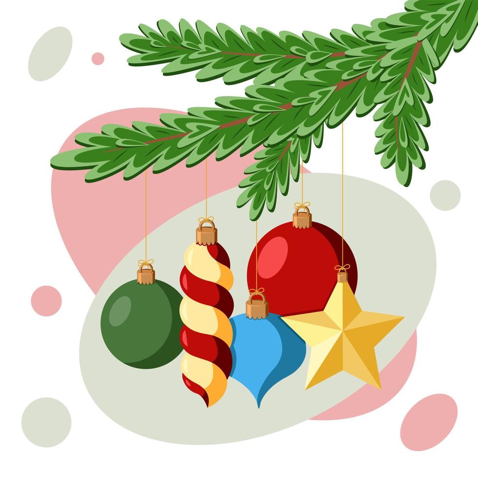 Christmas decorations on a fir branch. Flat vector illustration.