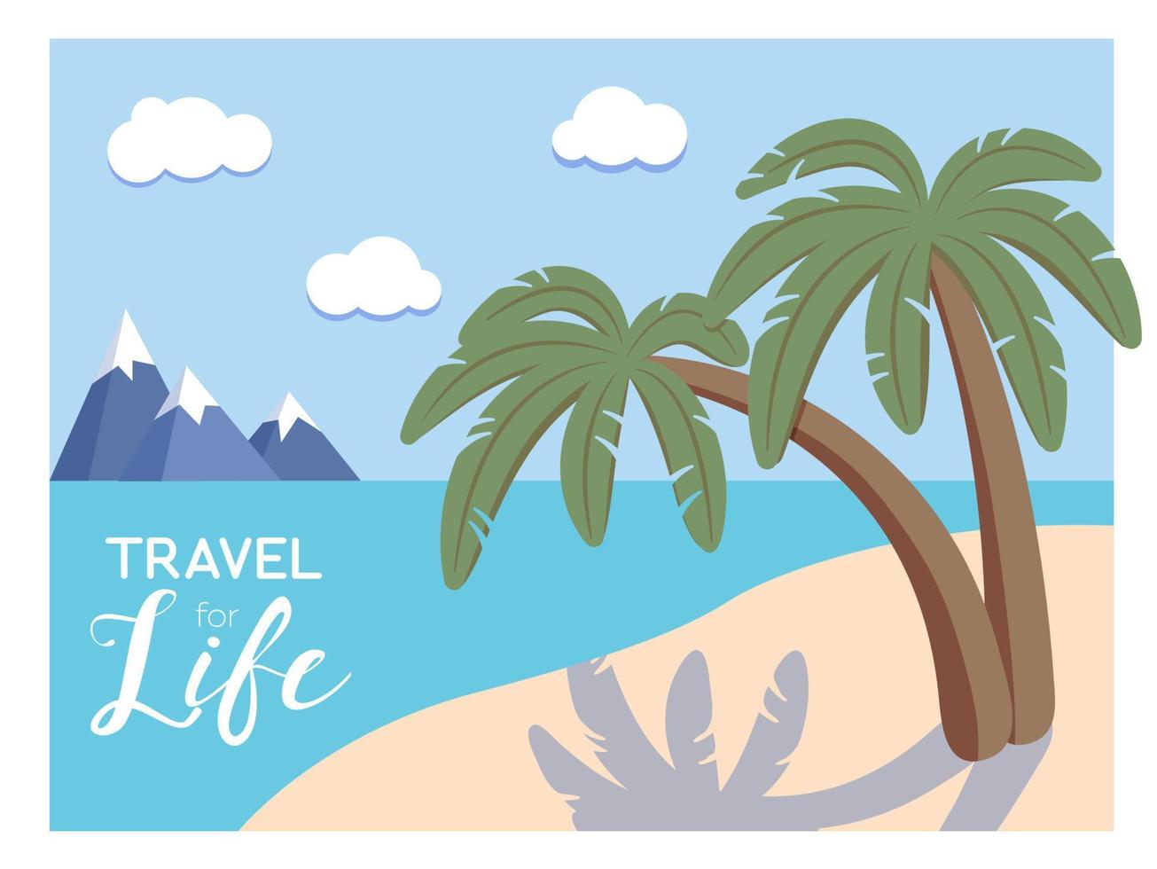 Tropical beach postcard with sand, sea and palm trees. Flat vector illustration.