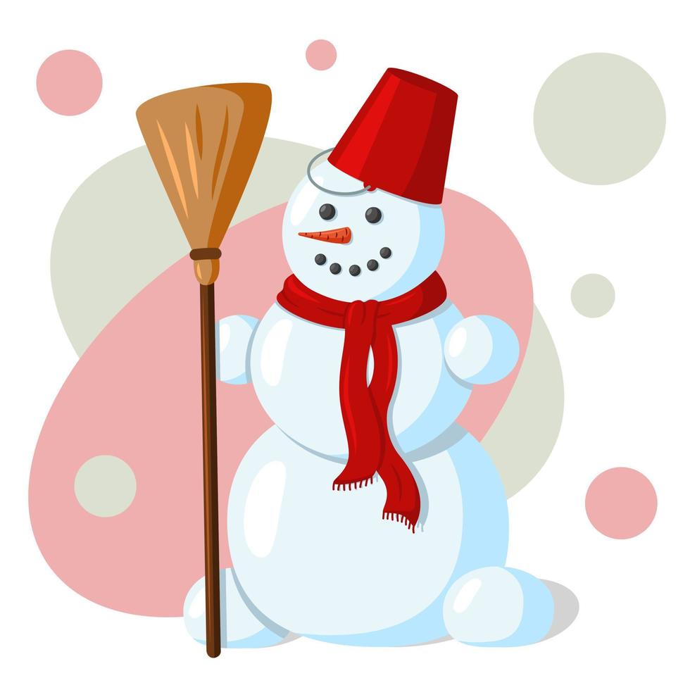 Christmas snowman with broom, red scarf and red bucket on the head. Cute cartoon character isolated on white background. Vector illustration.