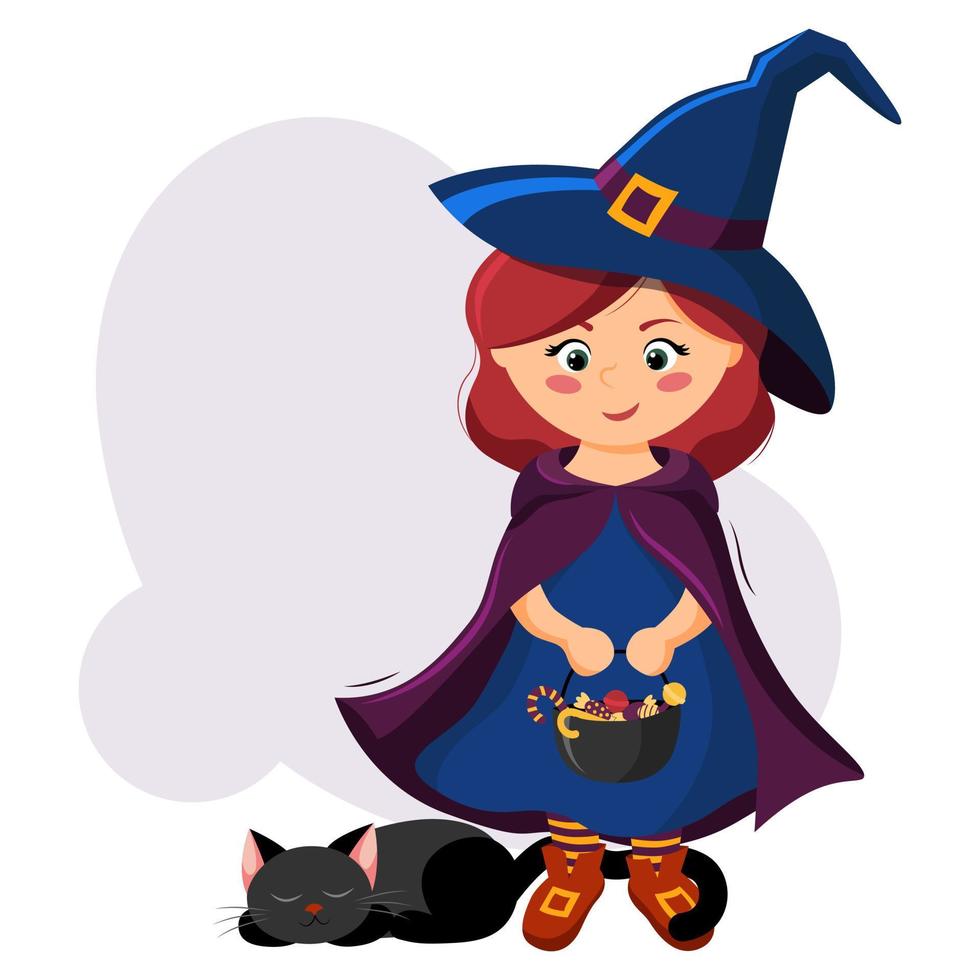 Cute little witch in a Halloween costume with a cauldron with treats in her hands and a black cat. Flat style, cartoon, vector. vector