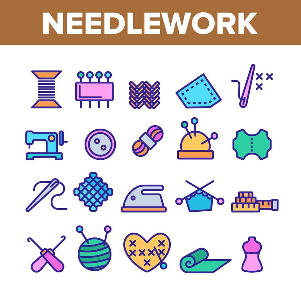 Needlework Collection Elements Icons Color Set Vector
