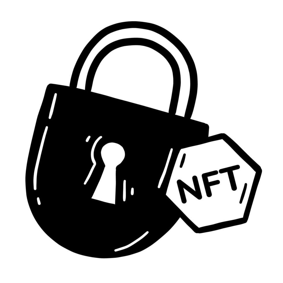 NFT cryptographic lock doodle hand drawn icon vector
