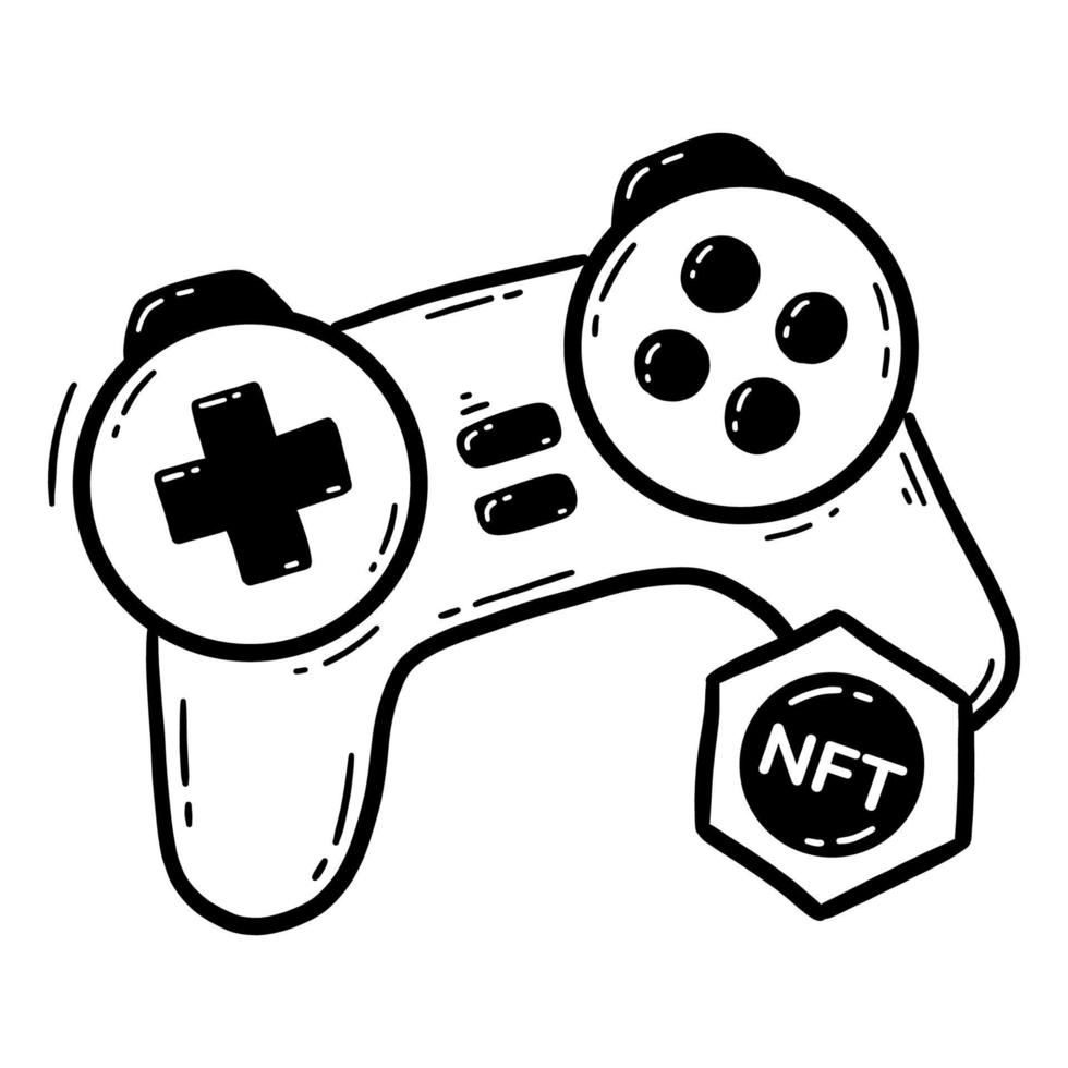 activo de juego nft, ícono de joystick de gamepad e ícono de token de criptomoneda vector