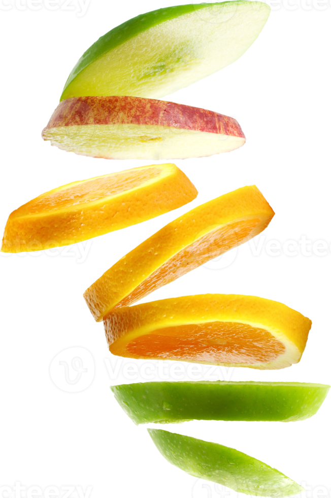 Green and red apples and orange slices fruit isolated png