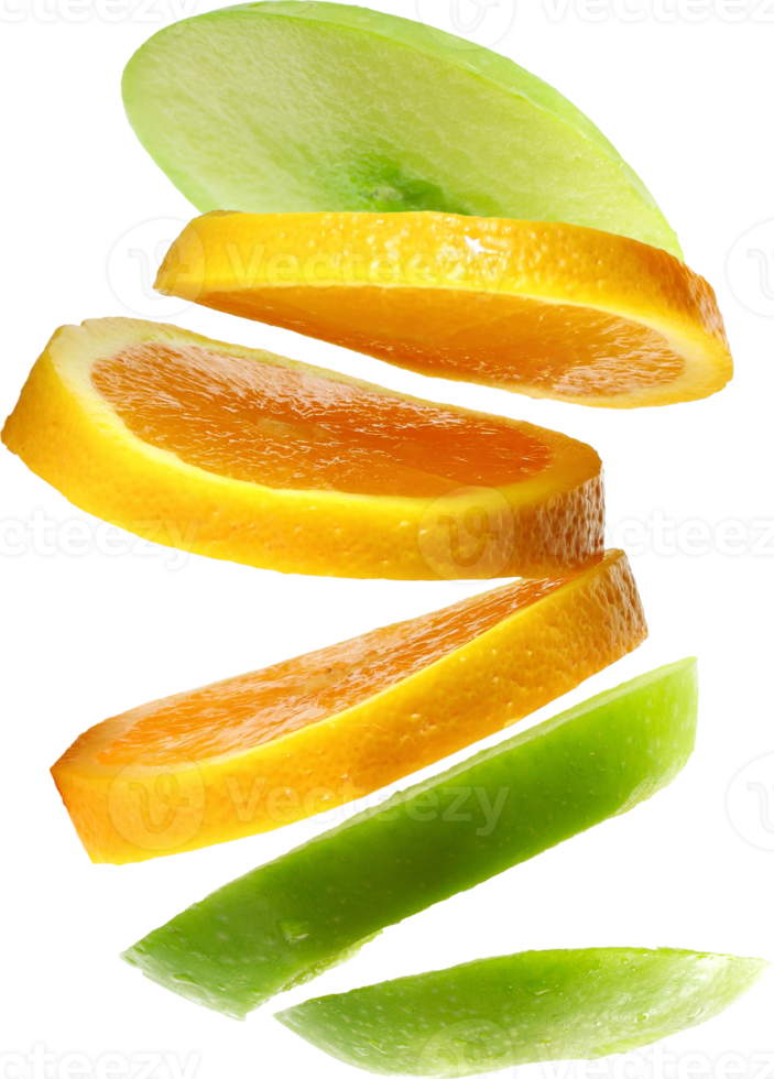Green and red apples and orange slices fruit isolated png