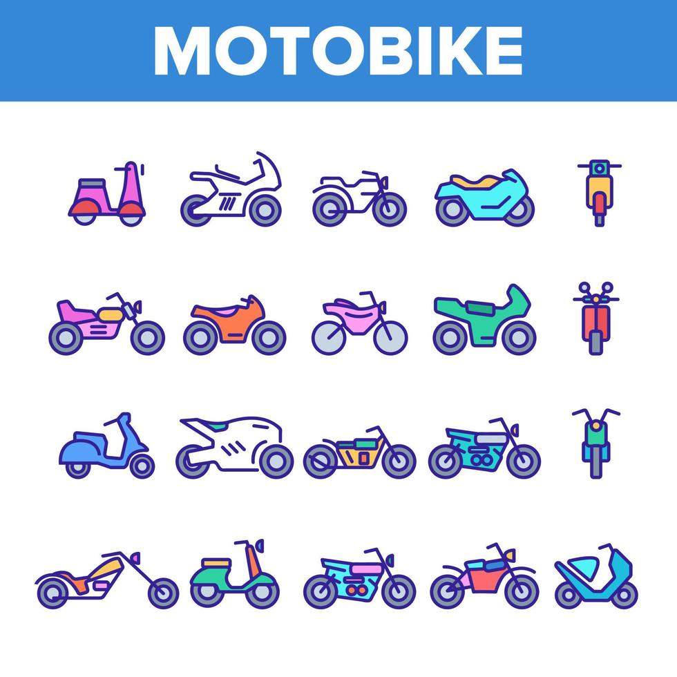 Color Motorbike Thin Line Icons Set Vector