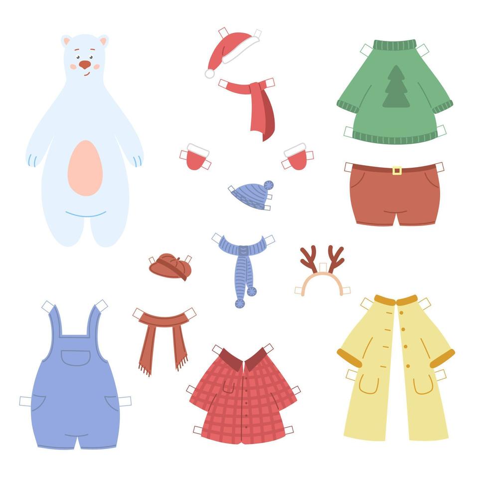 Paper game for kids with cute white polar bear and his various clothes. vector