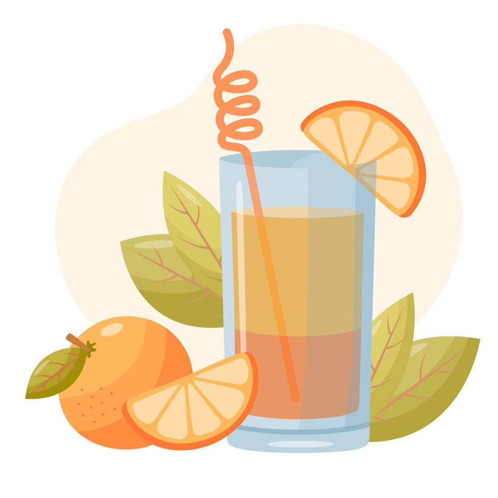 Sunrise cocktail with orange and leaves in the background. Menu design elements. Summer cocktail in flat style. vector