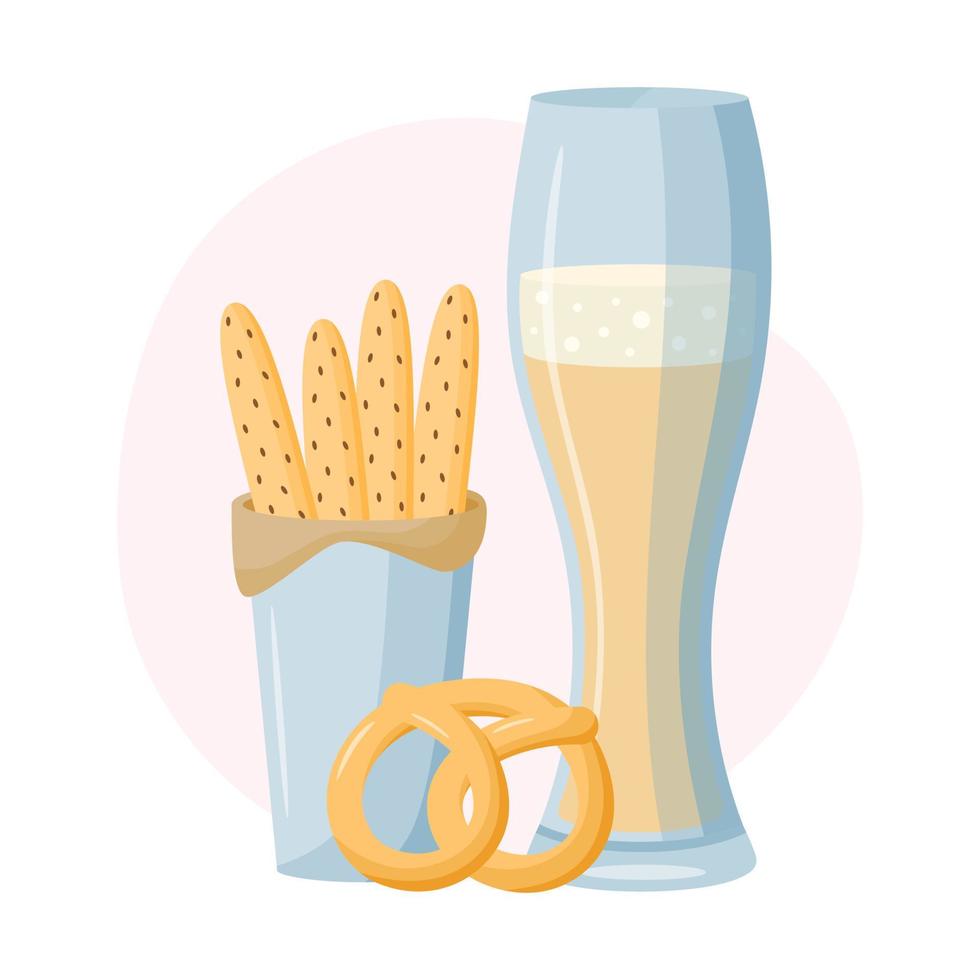 vaso de cerveza con palitos de pan y pretzel. bebidas naturales frescas. vector