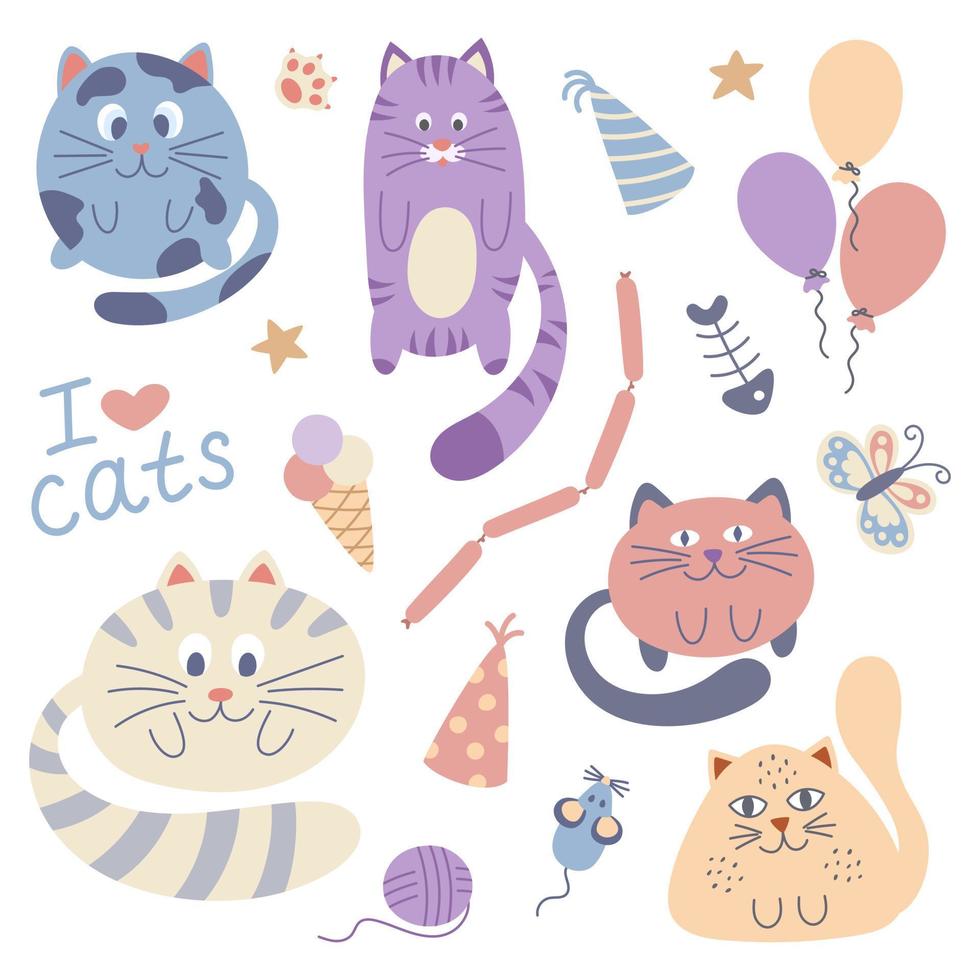 Vector set of cute doodle stickers with funny cats. Hand drawn vector illustration. Set of cats on a white background.