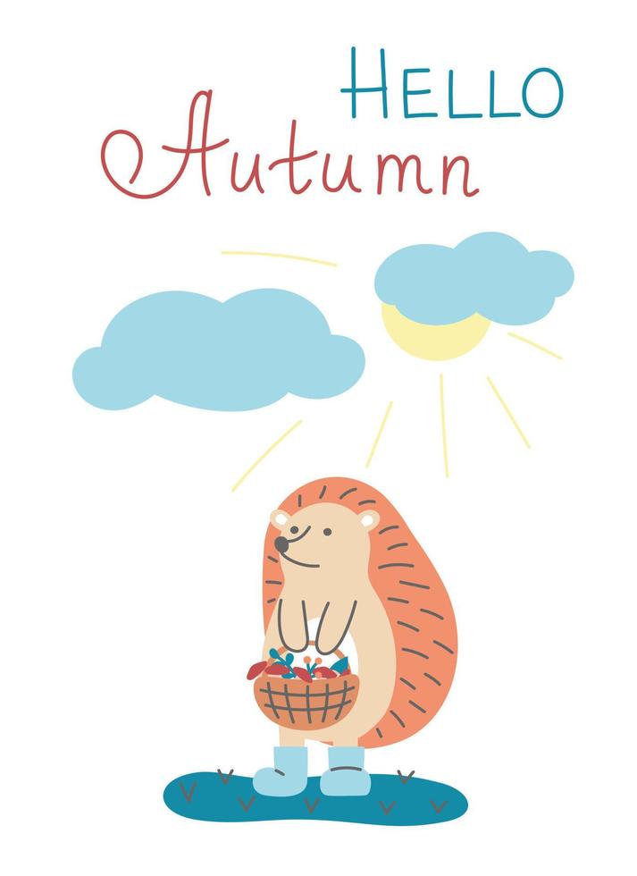 Cute little hedgehog in red scarf with autumn leaves. Autumn greeting postcard. Hello Autumn. vector