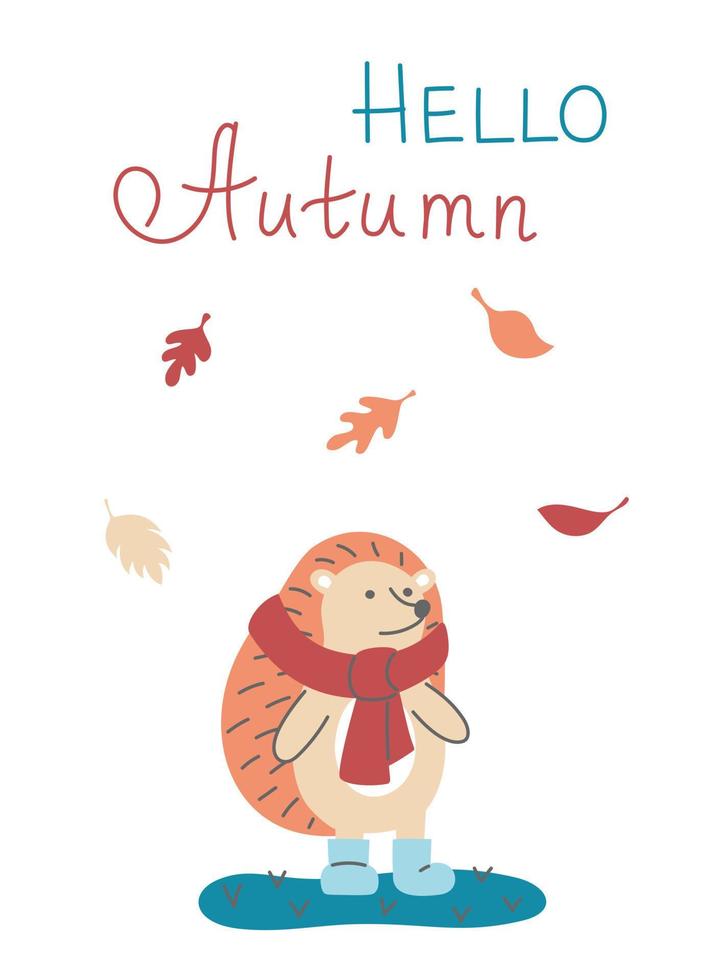 Cute little hedgehog with mushroom basket and clouds. Autumn greeting postcard. Hello Autumn. vector