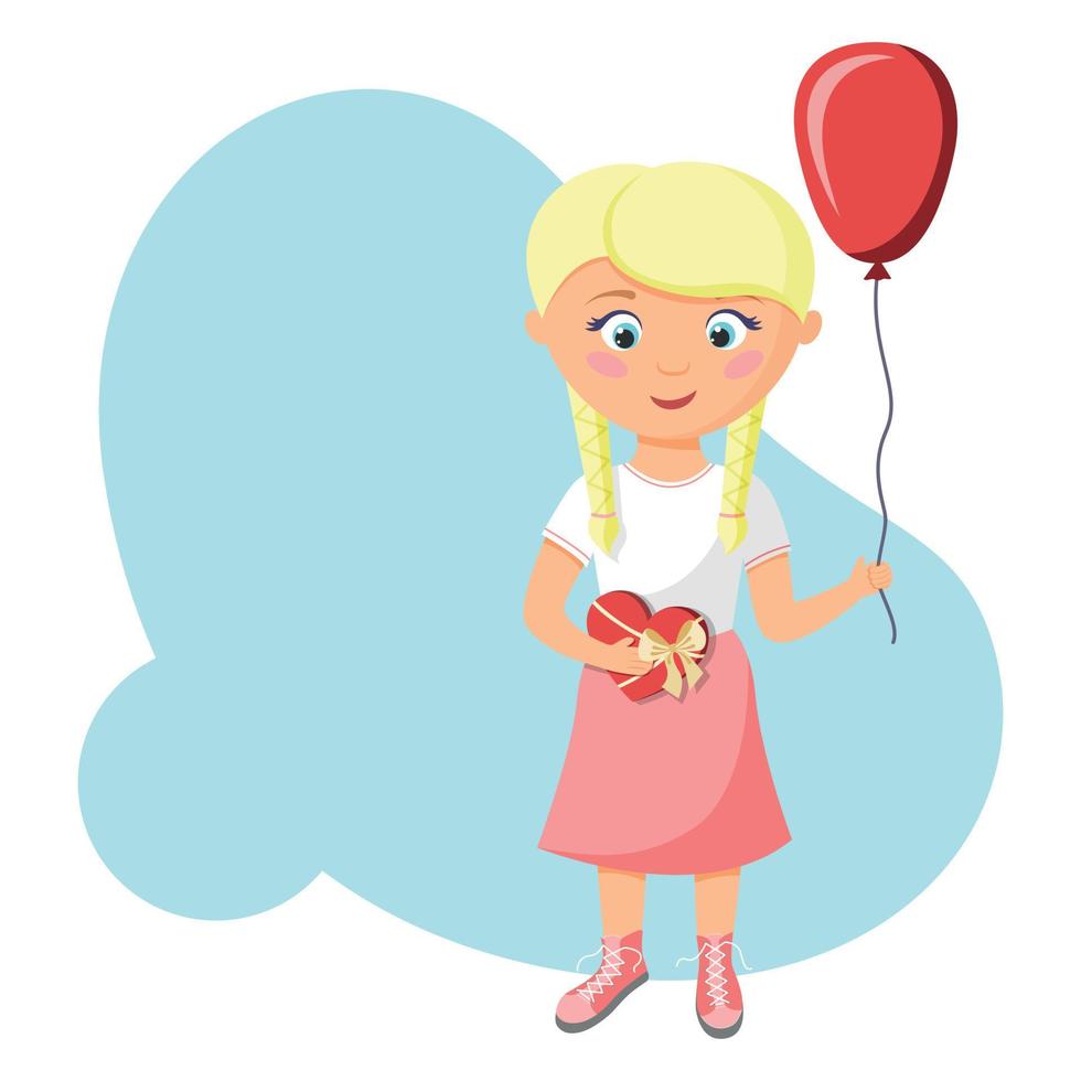 niña rubia con un globo y una caja de bombones. concepto de día de san valentín. regalo del día de san valentín. vector