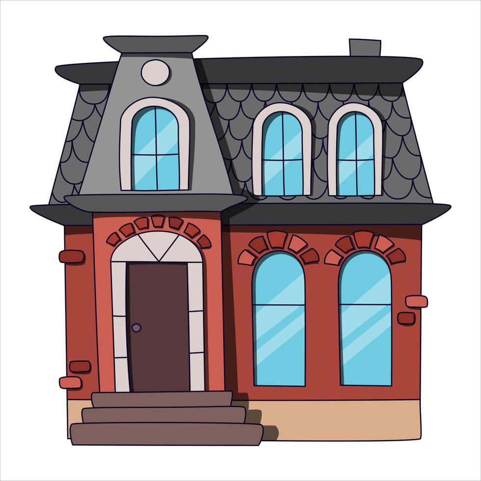 Cartoon illustration of a red brick house with a mansard. Front elevation. Cute graphic private house. vector