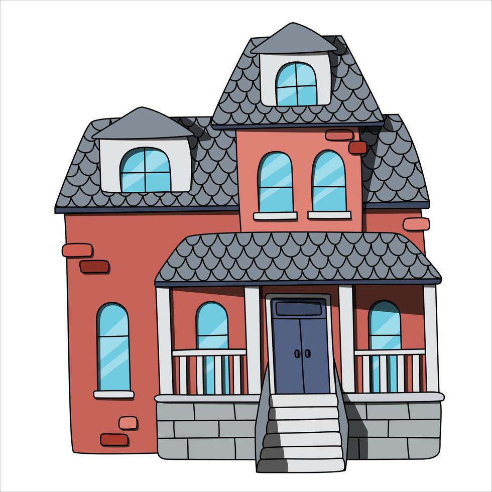 Red brick house with attic and veranda. Hand drawn colored vector illustration.