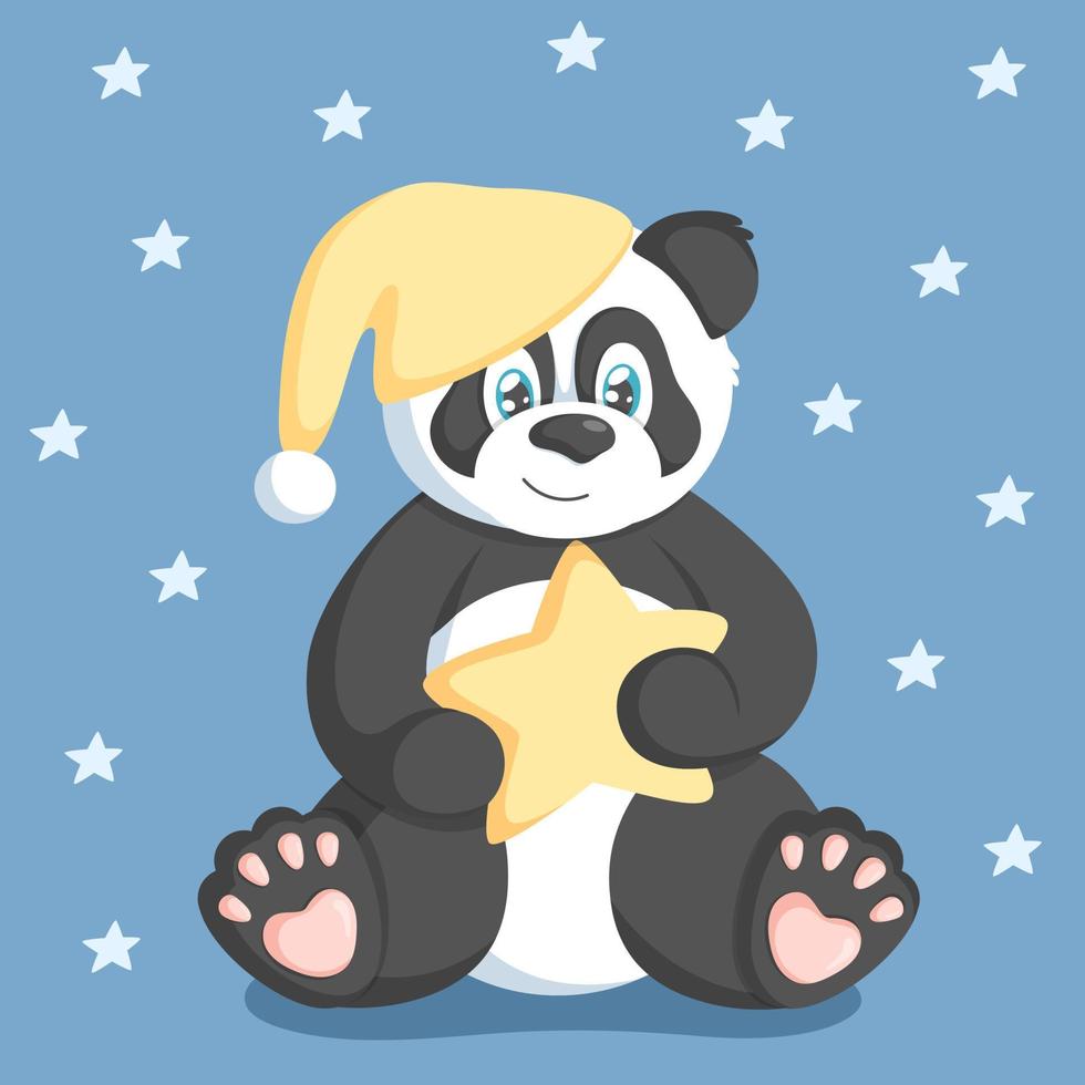 lindo panda con sombrero con estrella amarilla. concepto de buenas noches. vector