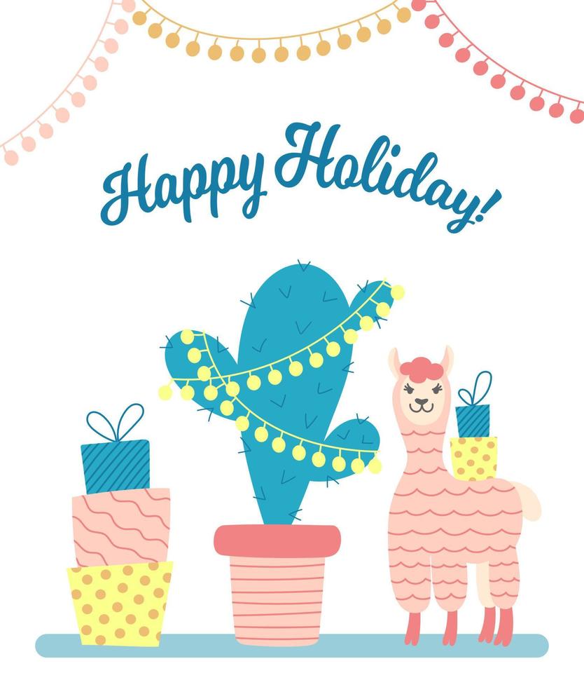 Greeting card with cute cartoon alpaca, gift boxes and decorated cactus on a white background. vector