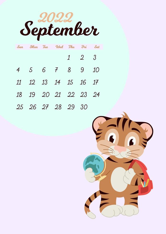 plantilla de calendario de pared para septiembre de 2022. año del tigre al calendario chino oriental. lindo personaje en diseño plano. vector