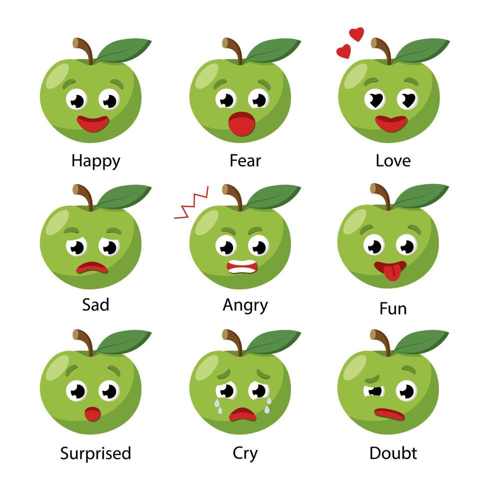 Set of vector icons with different moods of green apples. Infographic emotions for children. Happy, fear, love, sadness, anger, fun, surprise, crying and doubt emotions on white.