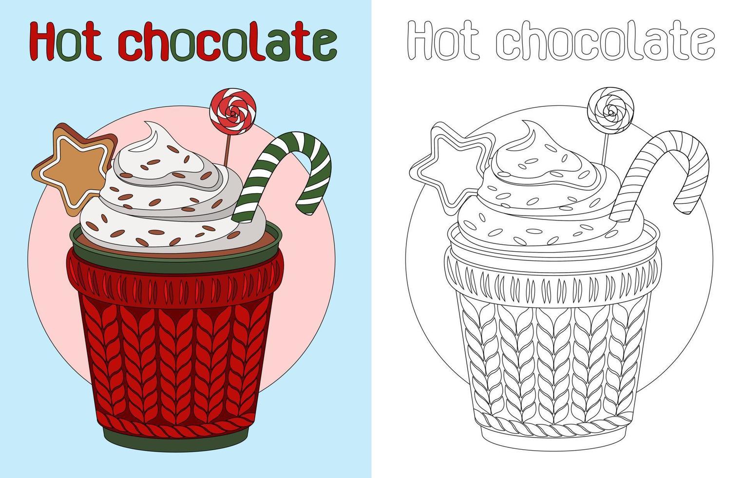 libro de colores con chocolate caliente navideño con crema, bastón de caramelo, piruleta y galleta. esbozar la coloración antiestrés del garabato. ilustraciones vectoriales planas. vector