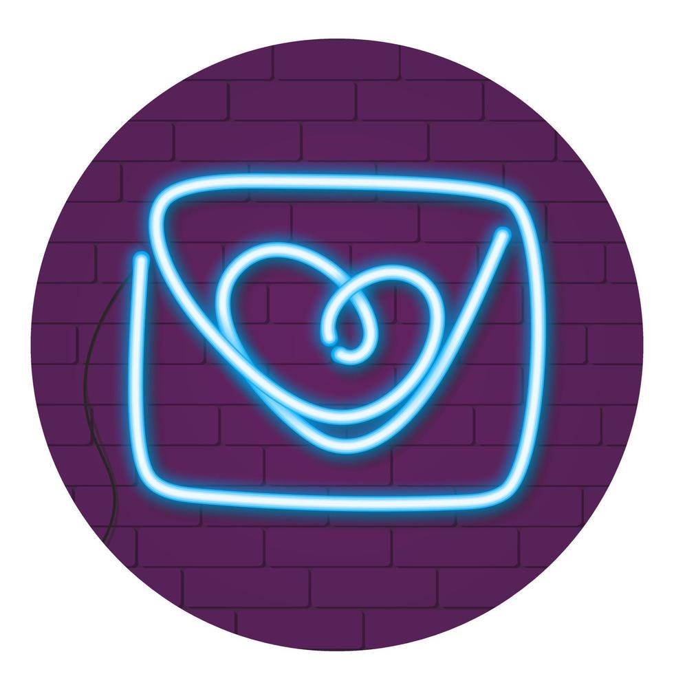Neon glowing letter with heart on a purple brick wall. Valentine's day concept. vector