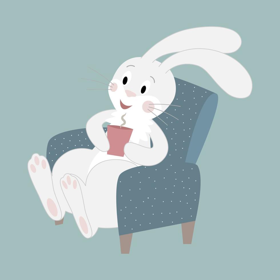 un lindo conejo blanco se sienta en una silla y bebe chocolate caliente de una taza roja. personaje de dibujos animados sobre un fondo de año nuevo. ilustración vectorial vector