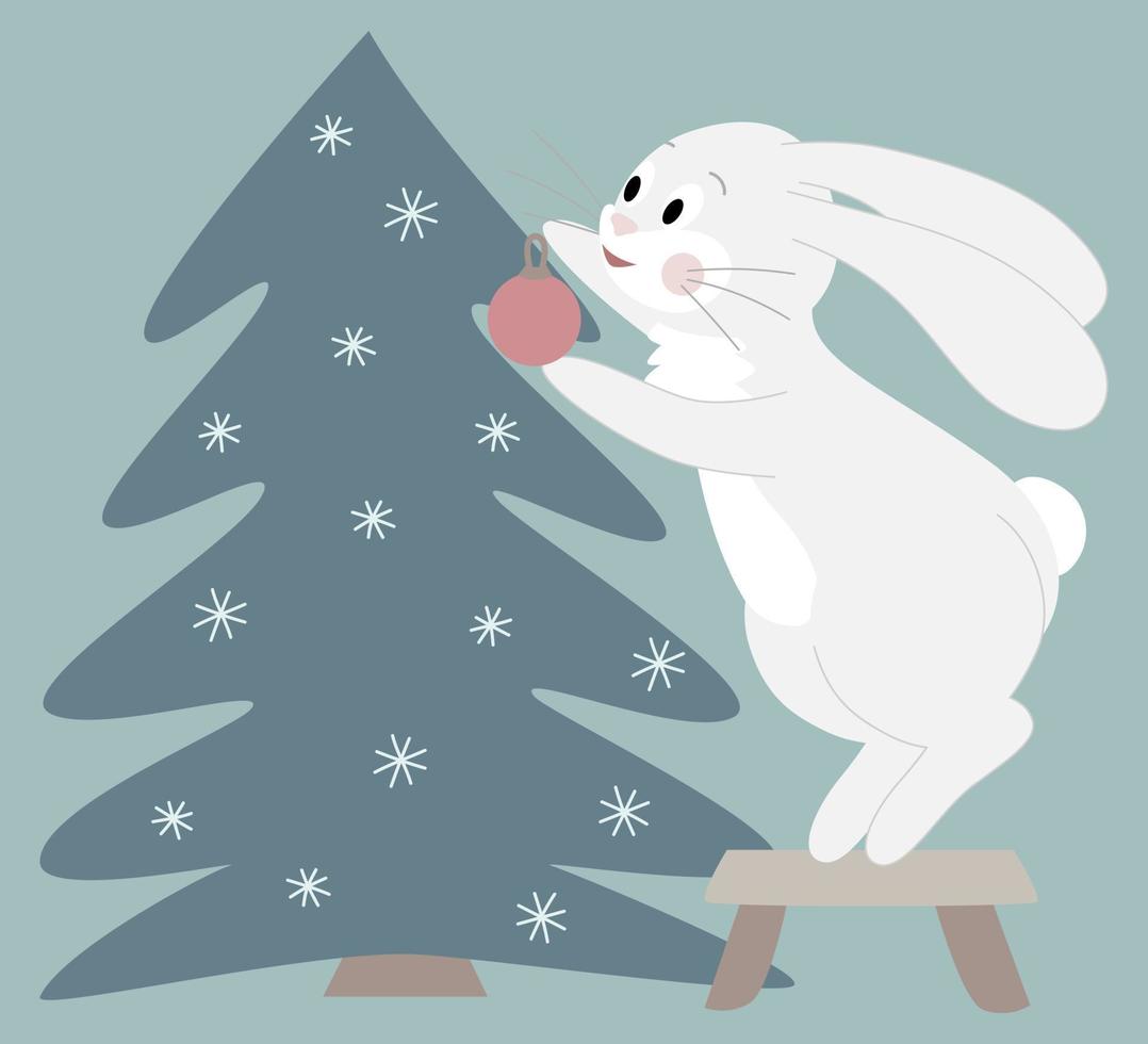 un lindo conejo blanco decora el árbol de navidad con una bola roja. personaje de dibujos animados sobre un fondo de año nuevo. ilustración vectorial vector