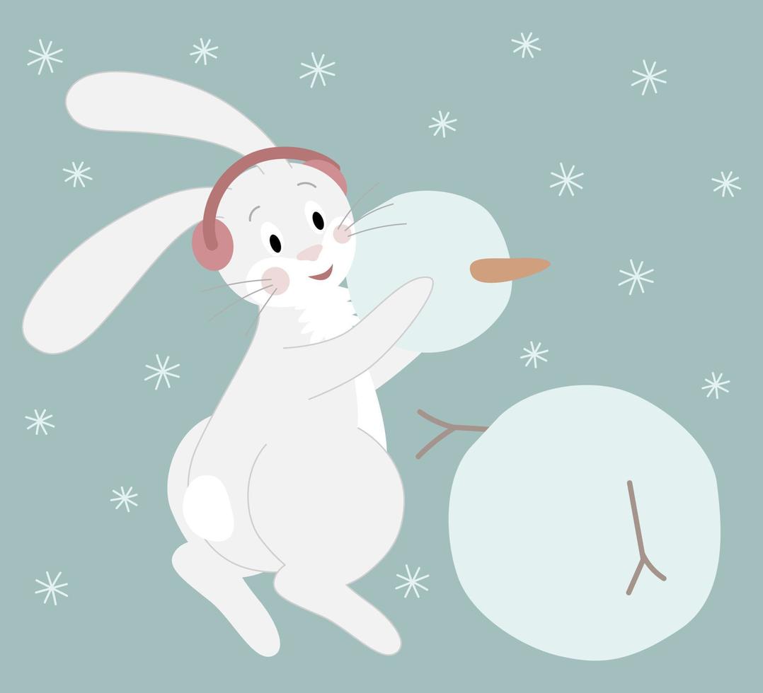 A cute white rabbit in red headphones sculpts a snowman. Cartoon character on a New Year background. Vector illustration.