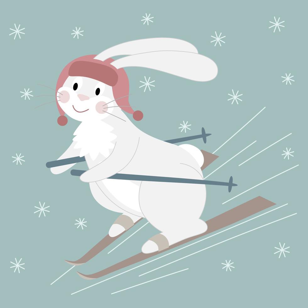 Cute white rabbit in a red hat skiing. Cartoon character on a New Year background. Vector illustration.
