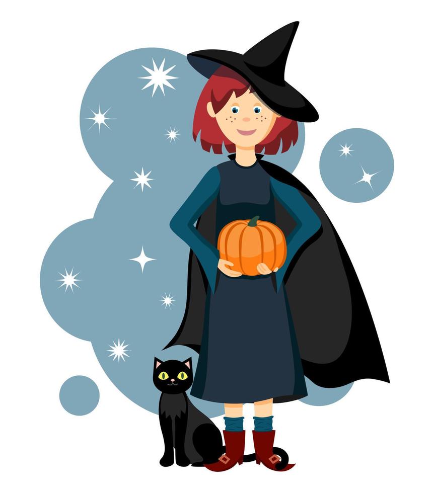A young funny witch in a pointed hat holds a pumpkin with a black cat at her feet on a blue starry background. Character design. Flat vector illustration.