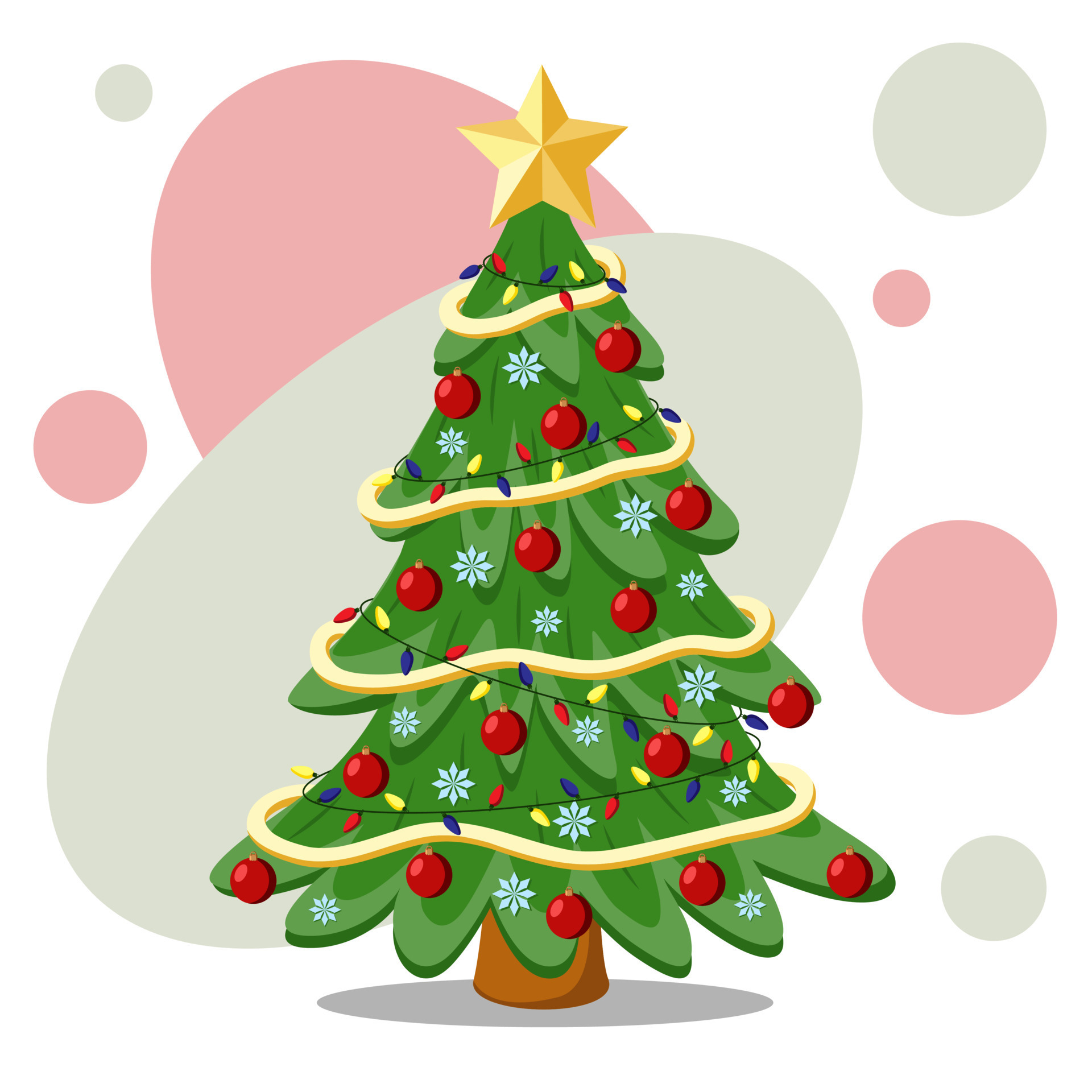 Christmas tree with toys, tinsel, garlands and a gold star on top. Flat