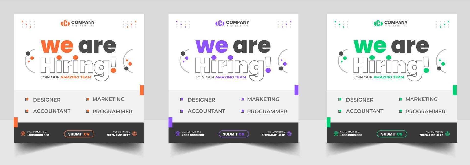 estamos contratando plantilla de diseño de banner de publicación de redes sociales de vacante de trabajo con color verde, naranja y púrpura. estamos contratando diseño de banner web cuadrado de vacante de trabajo. vector