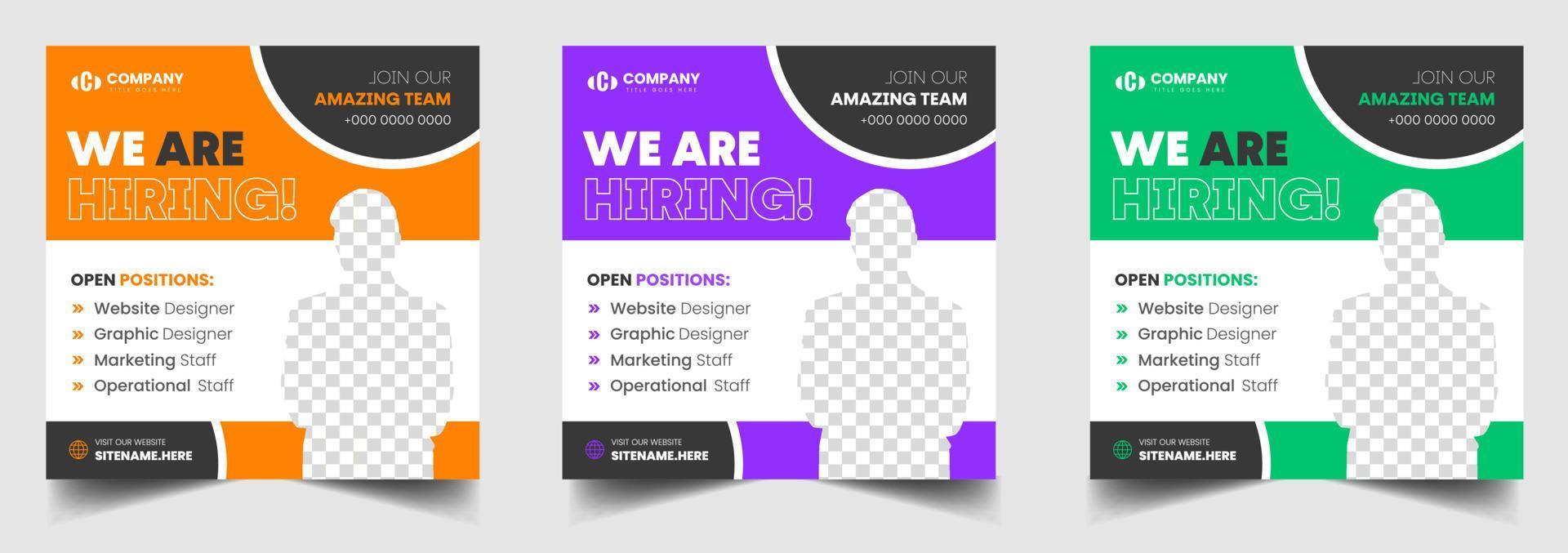 We are hiring job vacancy social media post banner design template with green, orange and purple color. We are hiring job vacancy square web banner design. vector