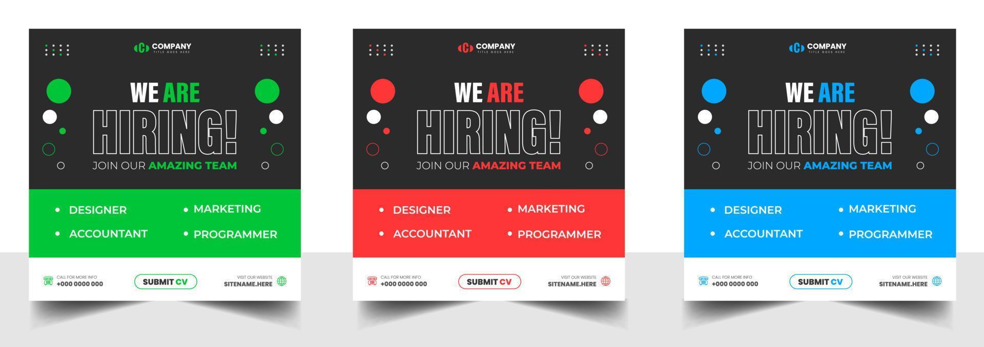 We are hiring job vacancy social media post banner design template with green, red and blue color. We are hiring job vacancy square web banner design. vector