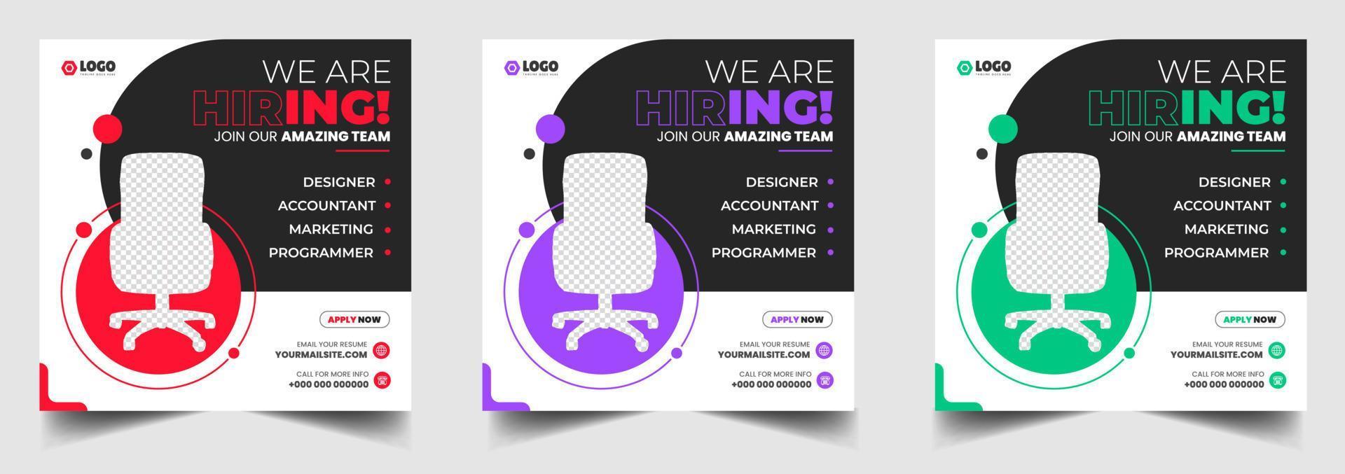 We are hiring job vacancy social media post banner design template with green, red and purple color. We are hiring job vacancy square web banner design. vector