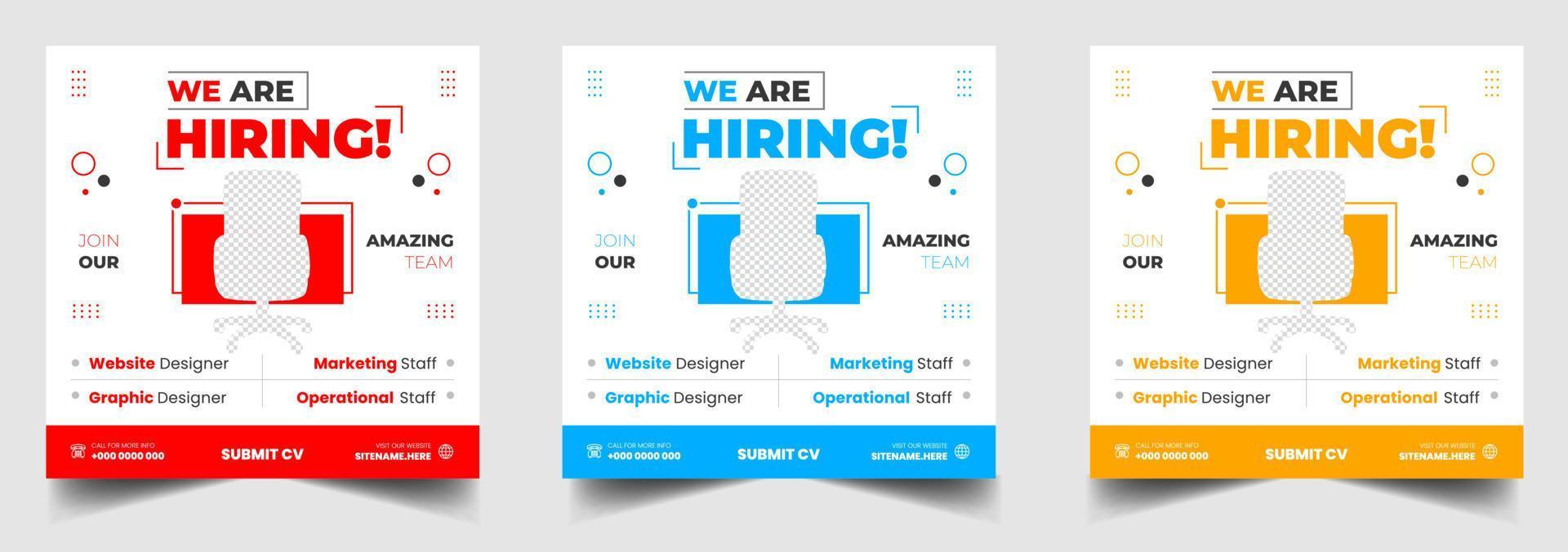 We are hiring job vacancy social media post banner design template with red, yellow and blue color. We are hiring job vacancy square web banner design. vector