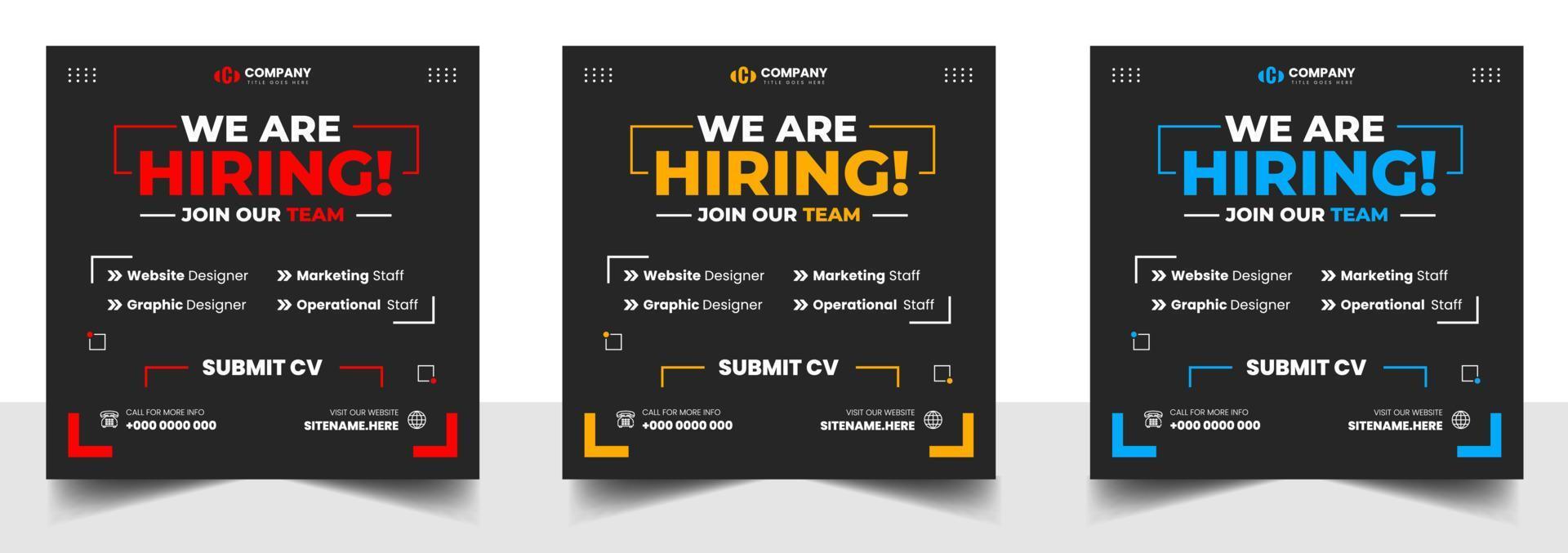 We are hiring job vacancy social media post banner design template with red, yellow and blue color. We are hiring job vacancy square web banner design. vector