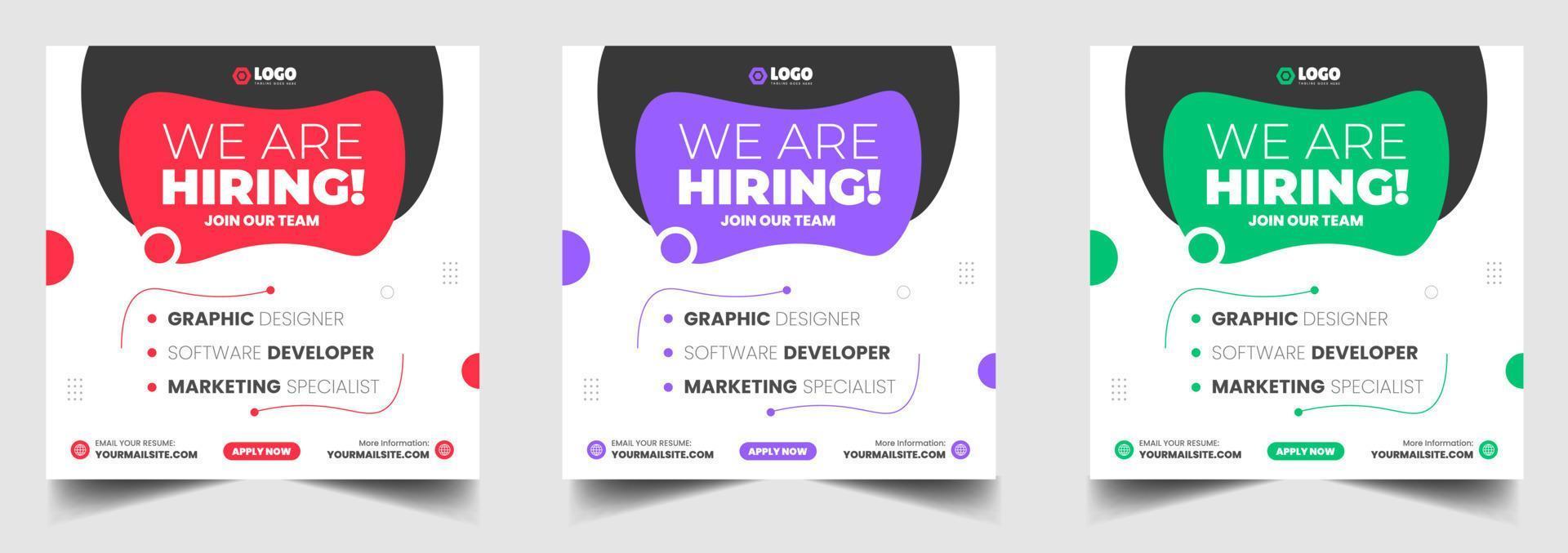 We are hiring job vacancy social media post banner design template with green, red and purple color. We are hiring job vacancy square web banner design. vector