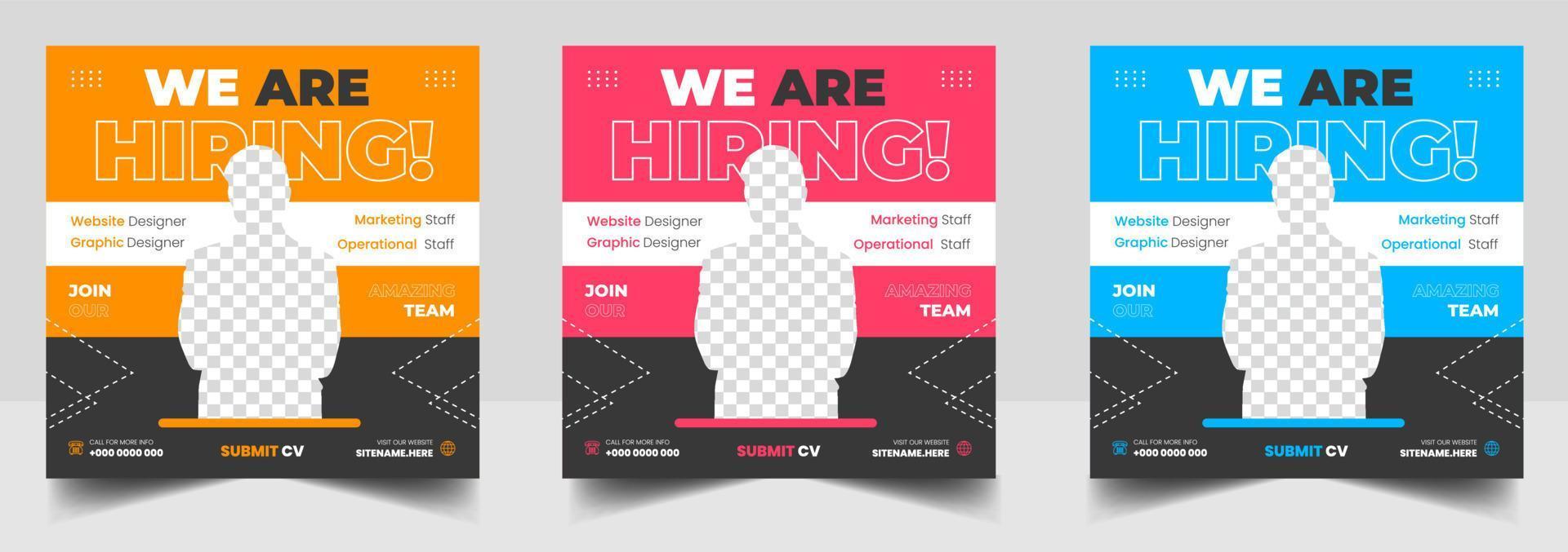 We are hiring job vacancy social media post banner design template with red, yellow and blue color. We are hiring job vacancy square web banner design. vector