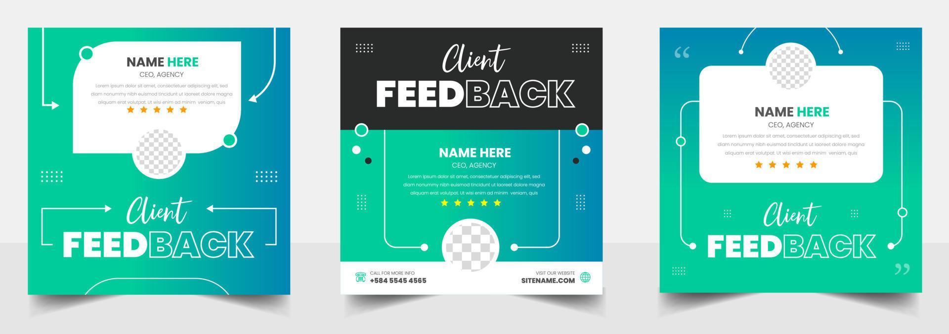Customer feedback testimonial social media post web banner template. client testimonials social media post banner design template with green color vector