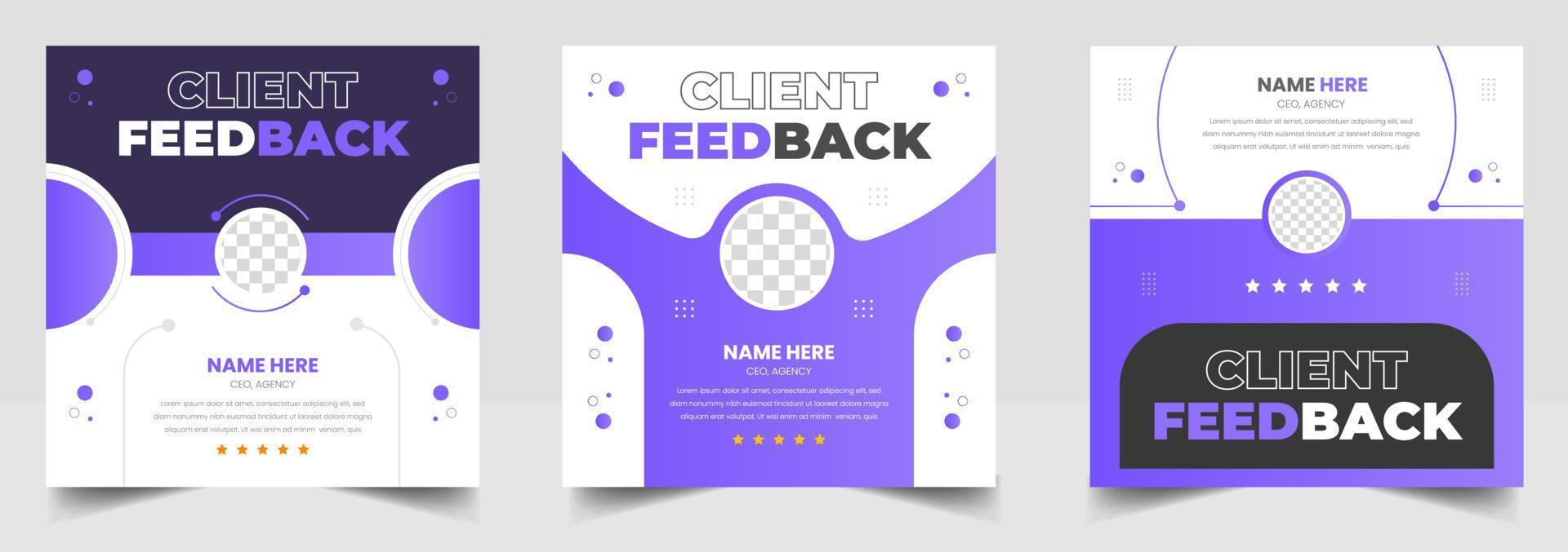 Customer feedback testimonial social media post web banner template. client testimonials social media post banner design template with purple color vector