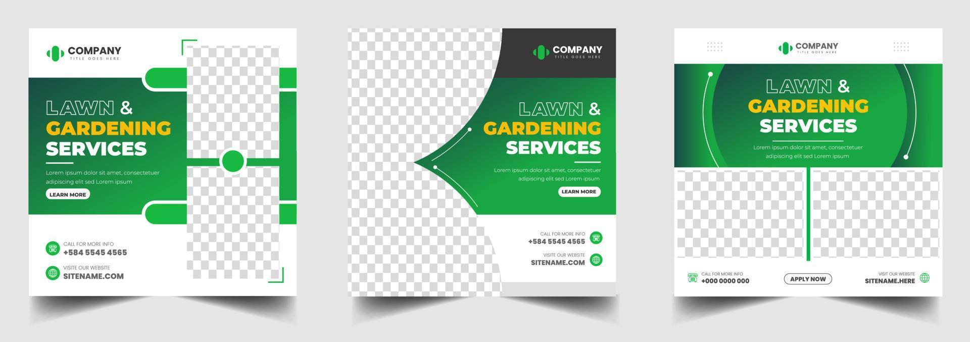 plantilla de diseño de banner de publicación de redes sociales de servicio de jardín de césped con color verde, plantación y corte de césped, y diseño de banner de servicios de jardinería. banner de servicio de jardín de césped. vector