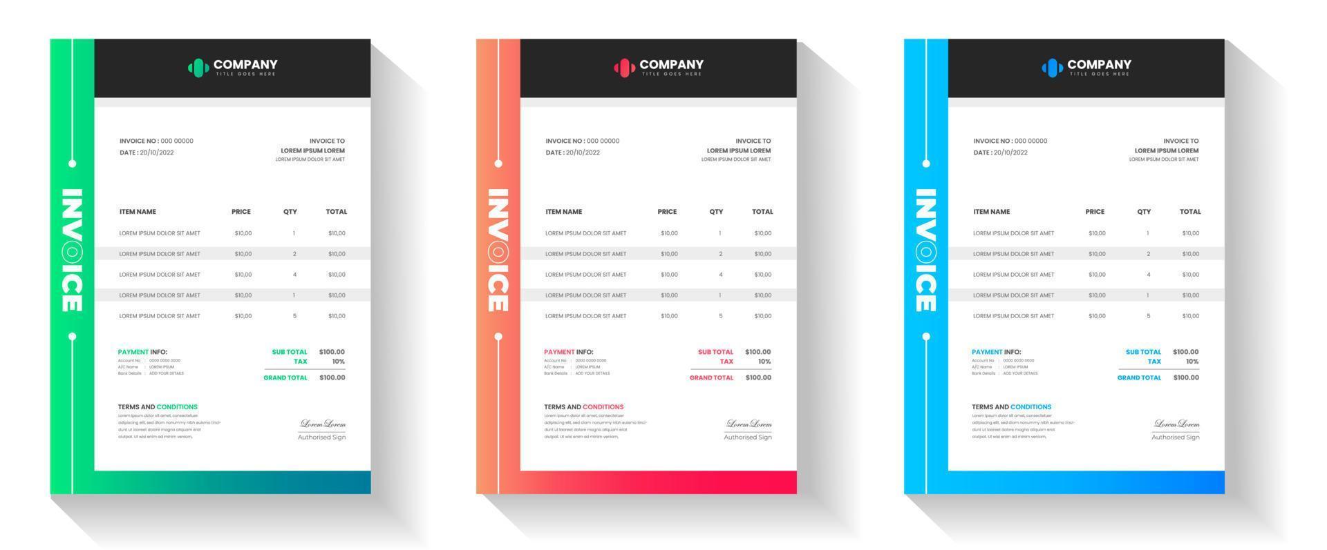 corporate modern minimal Business invoice form template. Invoicing quotes, money bill, Tax form, payment receipt, price invoices and payment agreement design template set. vector